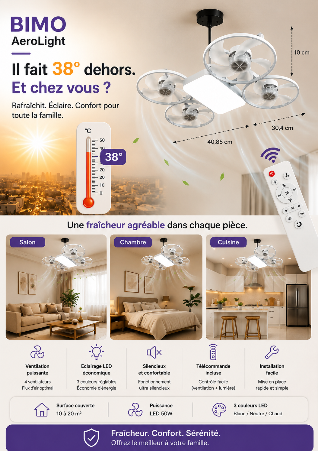BIMO AeroLight™ | Ventilateur Plafonnier LED Ultra Silencieux avec Télécommande