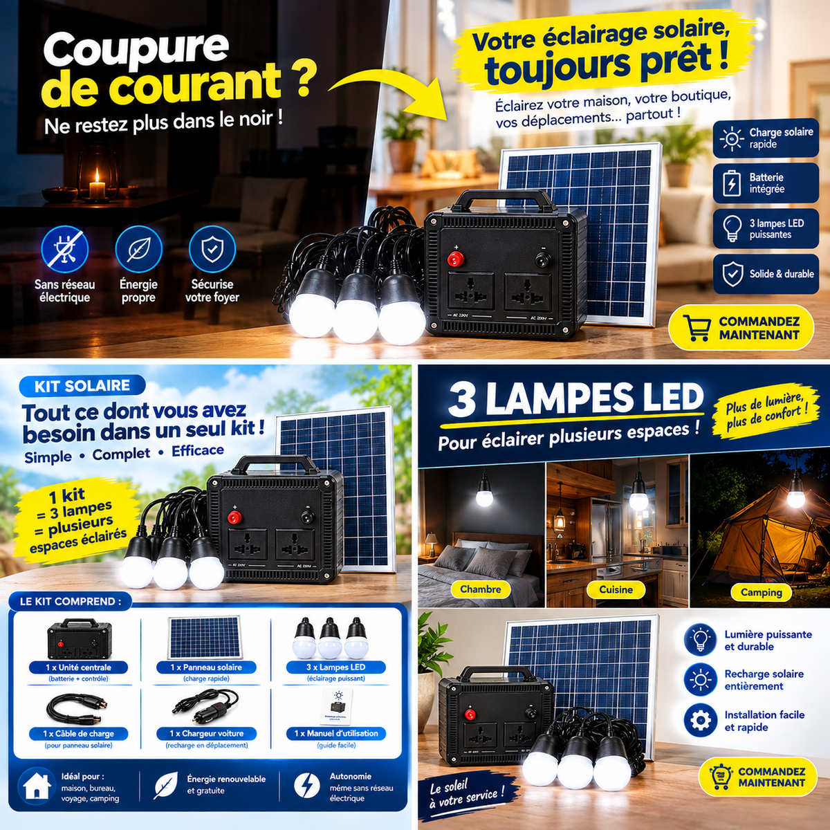 Kit Solaire Portable – Éclairage &amp; Énergie à portée de main