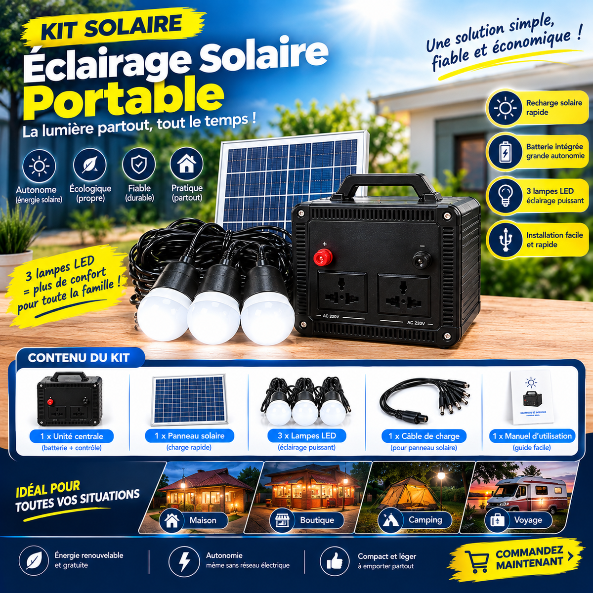 Kit Solaire Portable – Éclairage &amp; Énergie à portée de main