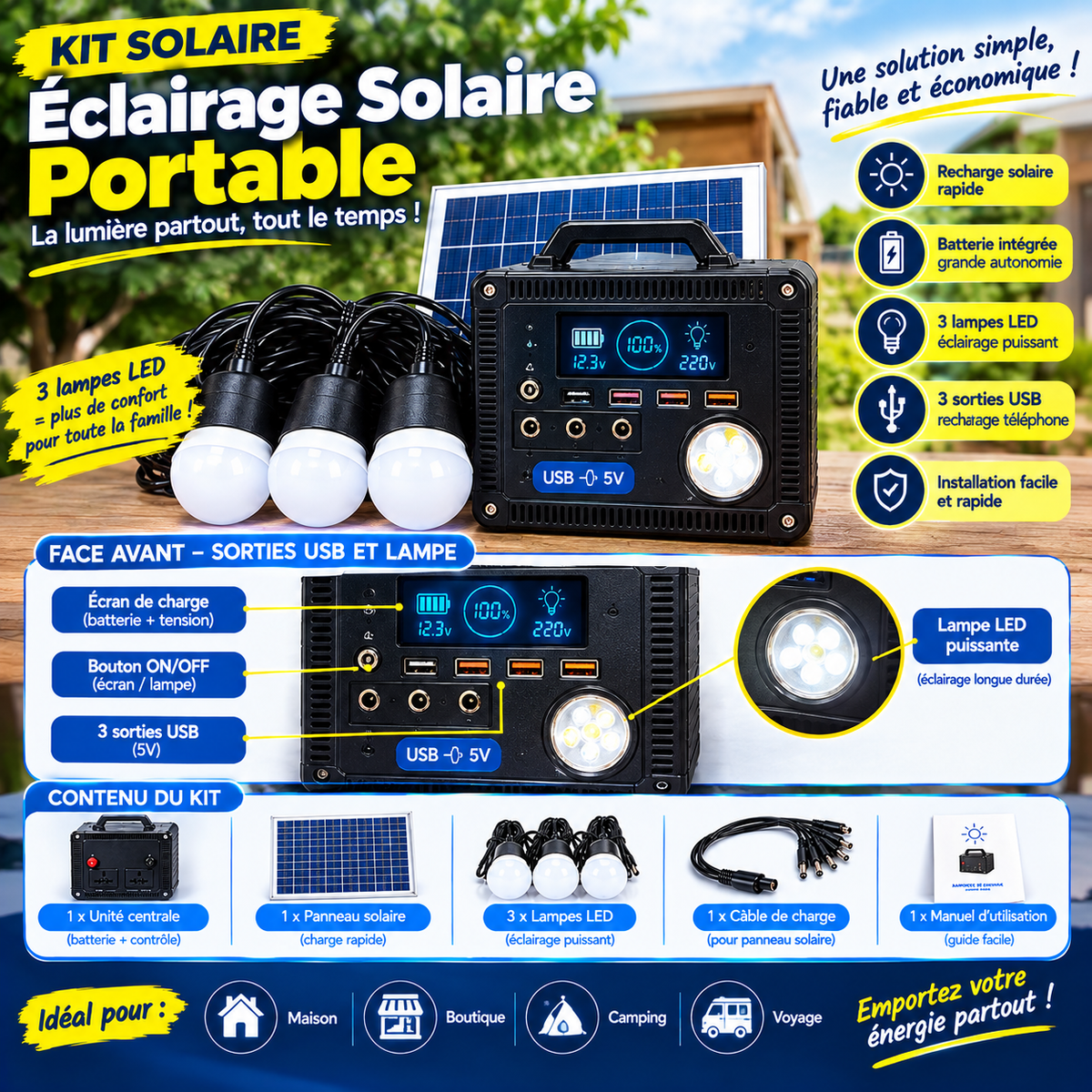 Kit Solaire Portable – Éclairage &amp; Énergie à portée de main