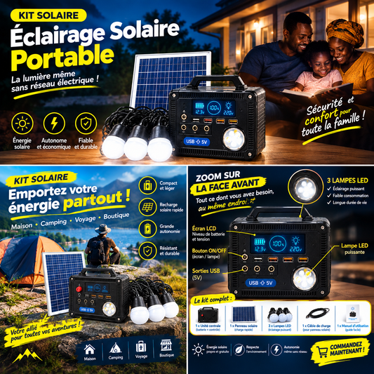 Kit Solaire Portable – Éclairage &amp; Énergie à portée de main