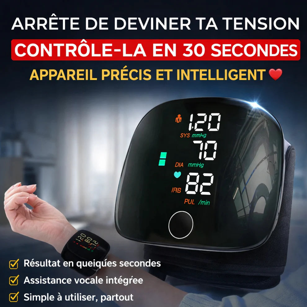 Tensiomètre Intelligent Haute Précision  Mesure rapide en 30 secondes • Assistance vocale • Écran HD • Batterie rechargeable