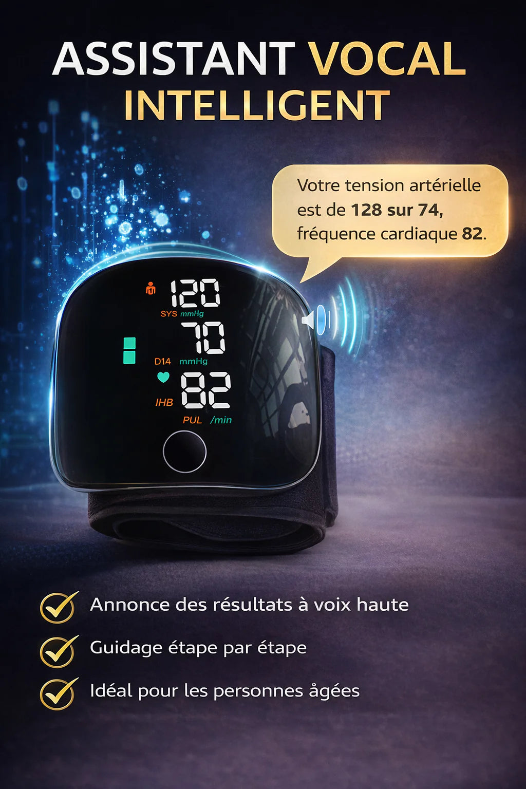 Tensiomètre Intelligent Haute Précision  Mesure rapide en 30 secondes • Assistance vocale • Écran HD • Batterie rechargeable