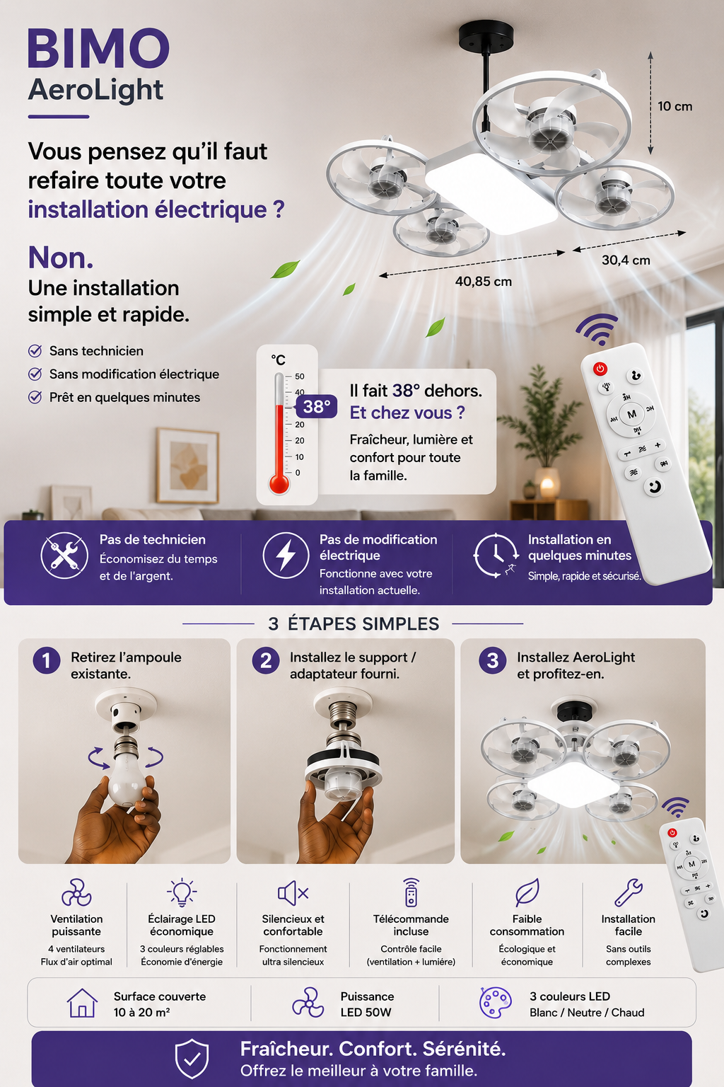BIMO AeroLight™ | Ventilateur Plafonnier LED Ultra Silencieux avec Télécommande