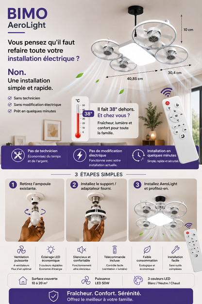 BIMO AeroLight™ | Ventilateur Plafonnier LED Ultra Silencieux avec Télécommande