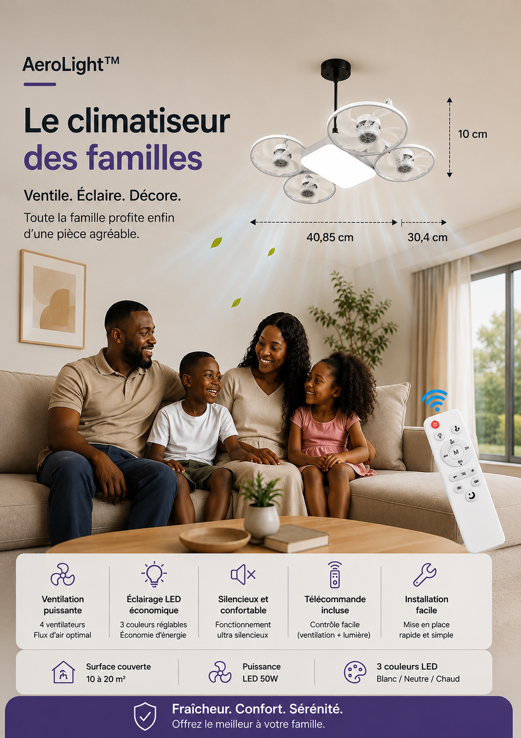 BIMO AeroLight™ | Ventilateur Plafonnier LED Ultra Silencieux avec Télécommande