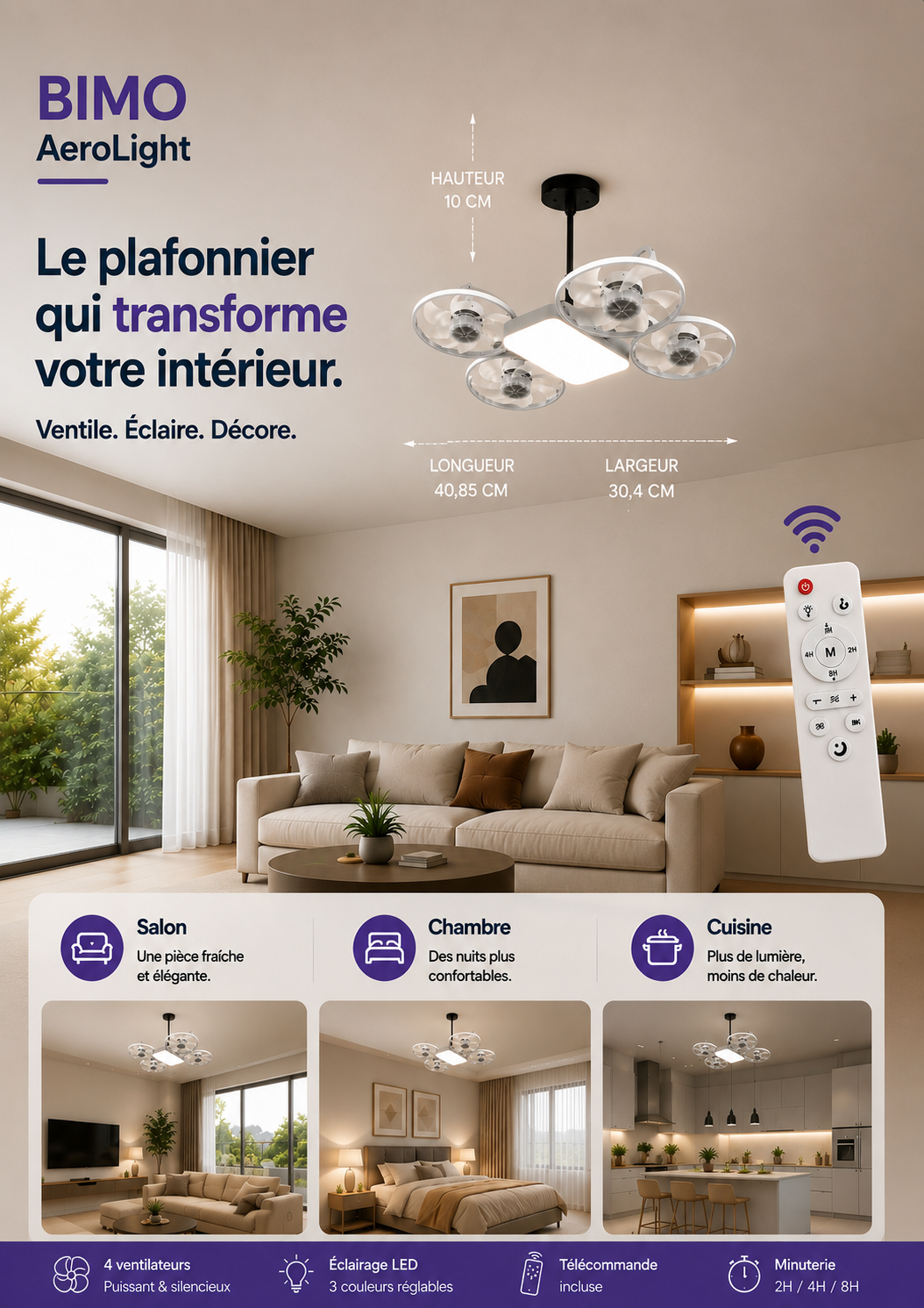 BIMO AeroLight™ | Ventilateur Plafonnier LED Ultra Silencieux avec Télécommande