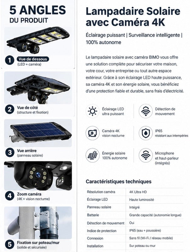 ☀️ Énergie solaire · 💡 Éclairage LED · 📷 Caméra 4K · 🌙 Vision nocturne