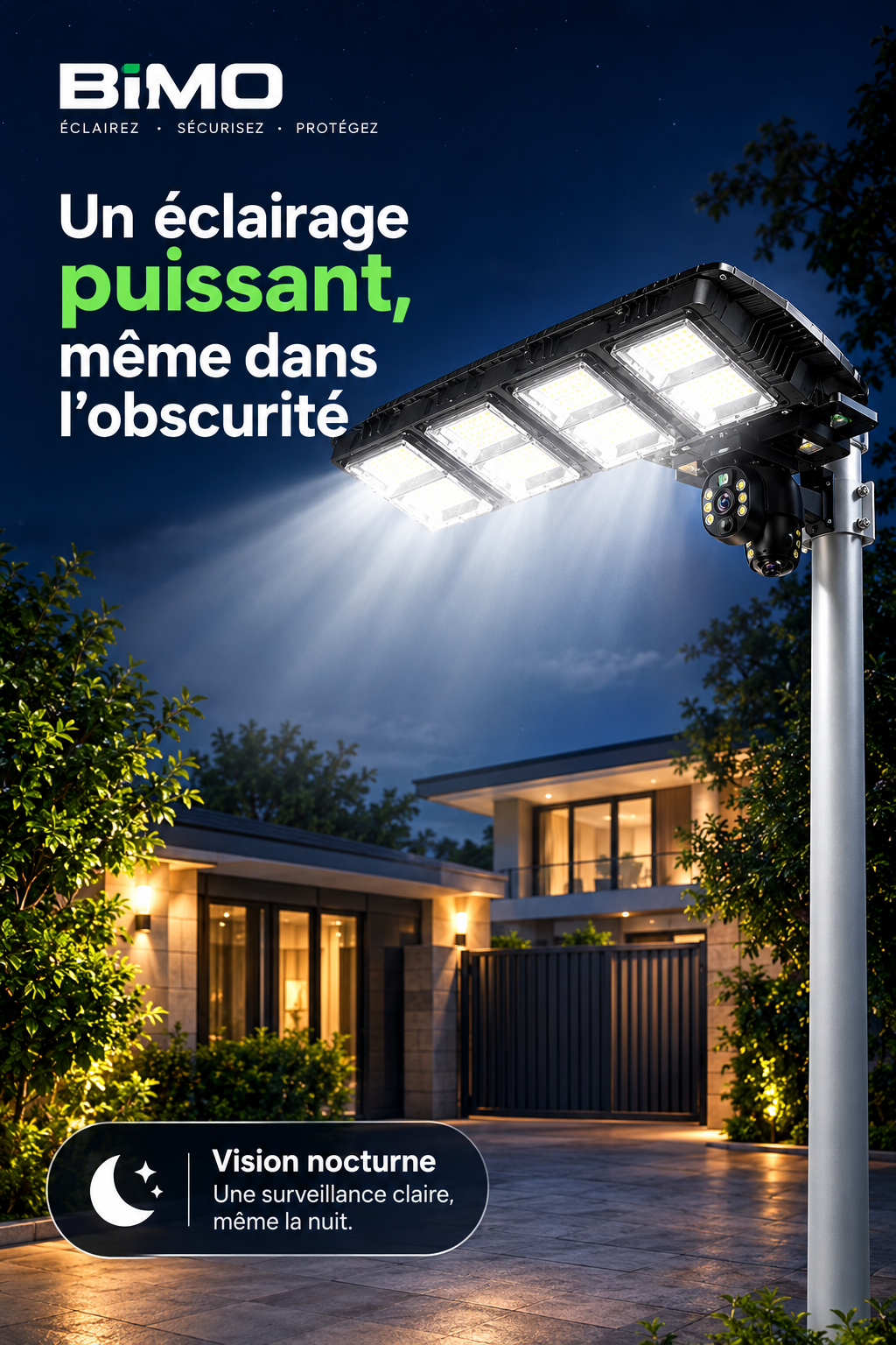 ☀️ Énergie solaire · 💡 Éclairage LED · 📷 Caméra 4K · 🌙 Vision nocturne