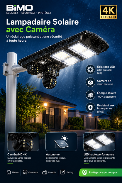 ☀️ Énergie solaire · 💡 Éclairage LED · 📷 Caméra 4K · 🌙 Vision nocturne